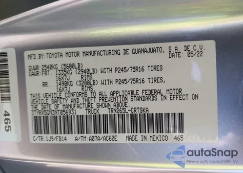 2022 Toyota Tacoma Access Cab/Sr/Sr5 z USA, uszkodzony, nr VIN 3TYRX5GN3NT056931